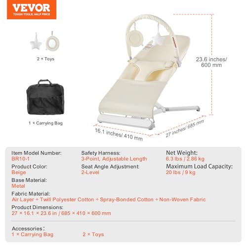 VEVOR Baby Bouncer, Folding Bouncer Seat for Babies 0-9 Months, Portable Baby Bouncer Seat with 2 Reclining Angles, Rotatable Toy Bar & Carrying Bag, Ideal for Indoors Outdoors, Beige