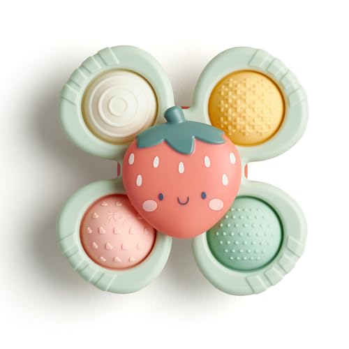 Itzy Ritzy Pop & Whirl – Fidget Spinner Travel & Bath Toy for Babies & Toddlers – Fidget w/Textured Silicone Popper to Develop Fine Motor Skills –Sticks to Highchairs, Tables, Tubs, More (Strawberry)