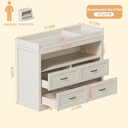 QUNTTINA Baby Changing Table with Changing Table Top for Infants Nursery Dresser Chest with 4 Drawers Storage Changing Station Dresser with LED Light Diaper Changing Station Nursery Organizer,Beige