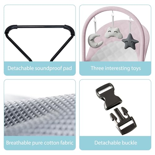 Portable Baby Bouncer Seat for Infants, 0-18 Months, 3 Modes of Use with Rocker & Stationary Options, Ergonomic Infant Chair with Hanging Toys,Pink