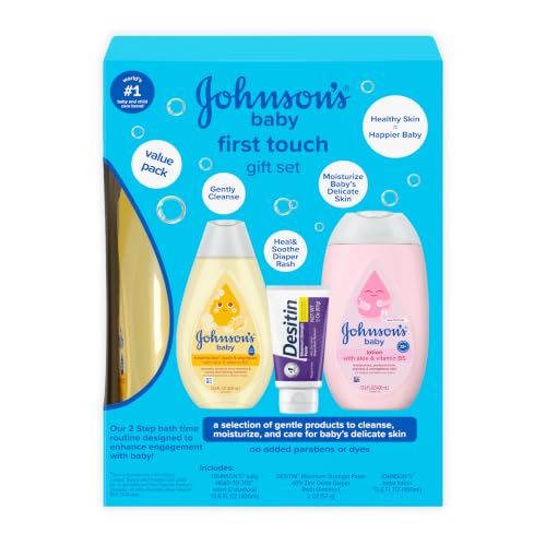Johnson's Baby First Touch Baby Essentials Gift Set with Body Wash & Shampoo, Body Lotion, & Zinc Oxide Diaper Rash Paste for Baby's Delicate Skin, Hypoallergenic, No Added Parabens or Dyes, 3 Items