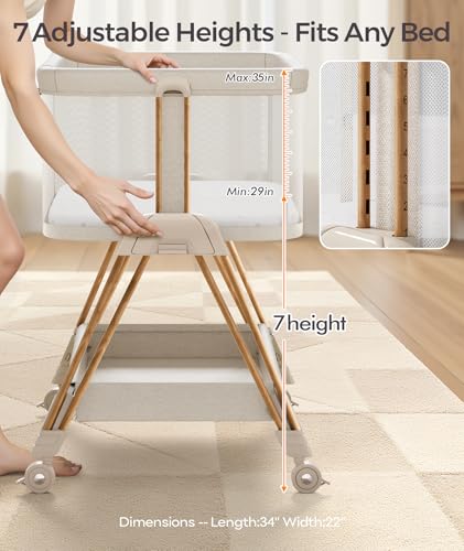 Fodoss Baby Bassinets Bedside Sleeper - 3-in-1 Baby Bassinet with Wheels, Soft Mattress, Storage Tray, Full-Mesh Sides, 7-Height Adjustable Crib for Newborns
