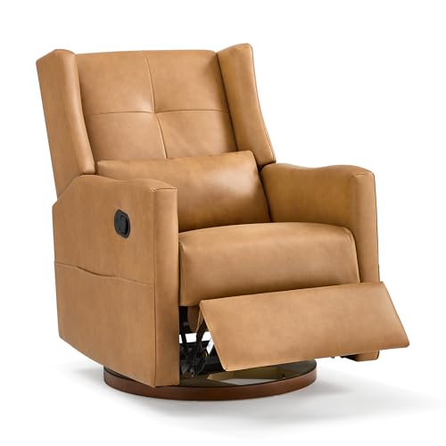 KISLOT Faux Leather Recliner Swivel Glider, 360° Rotation Nursery Chair Upholstered Reclining Rocker with Wood Base for Living Room Bedroom Nursery