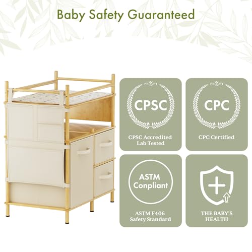 Amazer Baby Changing Table, Bamboo Baby Dresser Table with Flat Top, Diaper Changing Station with 3 Removable Storage Drawers, Large Storage Nursery Organizer Shelves with Pad, Mesh Pocket