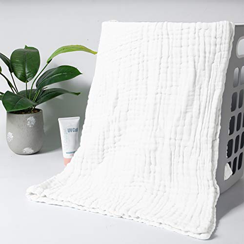 FOOK FISH Muslin Baby Towel Muslin Cotton 2-Pack 6-Layer Large Size 40" x 40" Cotton Baby Bath Towels Triple Absorbency and Quick-Drying (White)