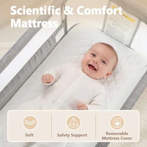 Kinder King Baby Bassinet Bedside Sleeper, Newborn Baby Bedside Crib w/Wheels, All-Sided Mesh, Adjustable Height, Removable Soft Mattress, No Tool to Assemble, Grey