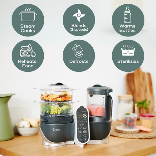 Babymoov Duo Meal Station Grey: Multi-Speed Baby Food Maker Steamer and Puree Blender, Baby Food Processor that warms & defrosts (Nutritionist Approved)