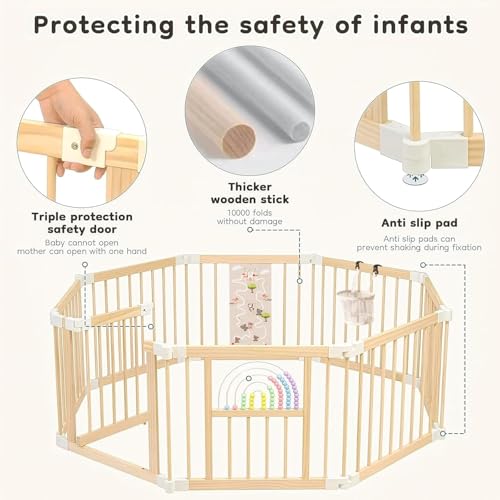 Ulnxiy Wooden Baby Playpen with Montessori Toys, 8-Panel Foldable Wood Play Yard for Toddlers, 56"x56" Large Baby Fence with Safety Lock, CPC Certified Natural Pine Wood Activity Center