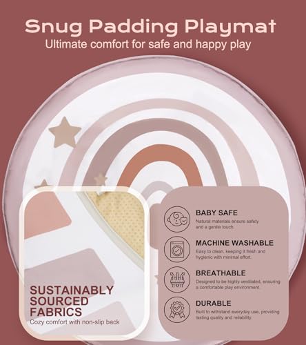 Baby Play Gym Mat, Tummy Time Activity Mat with 7 Detachable Toys and 12 Milestone Cards for Stage-Based Sensory and Motor Skill Development, Washable Play Mats for Infant, Newborn Baby Essentials