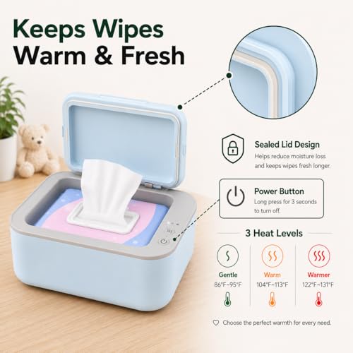 Awesmom Wipe Warmer for Baby & Adult Wet Wipes, Large Capacity Diaper Wipes Dispenser, 3-Level Adjustable Temperature, Silent & Even Heating, Blue