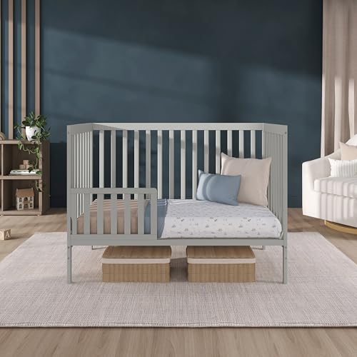 Dream On Me Synergy 5-in-1 Convertible Full-Size Baby Crib with Toddler, Day & Full Bed Conversion in Cool Grey, GreenGuard Gold & BSA, 3 Mattress Heights, Sustainable Pinewood
