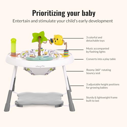 Dream On Me Curio Sit N Seek Baby Activity Center in Lime, 2 in 1 Activity Center and Play Table with 3 Detachable Toys and Music, 3 Level Height Adjustable Positions Activity Center for Baby