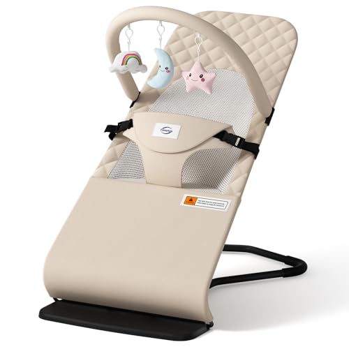 Feeplas Baby Bouncer, Bouncer Seat for Babies 0-12 Months, Ergonomic Rocking Chair with Detachable Hanging Bar, 3-Height Adjustments, Foldable & Portable Infant Rocker, Machine Washable Fabric, Beige