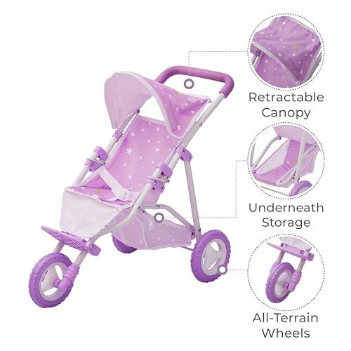 Olivia's Little World Baby Doll Jogging-Style Stroller with Canopy, Seatbelt and Storage Space, Purple and White
