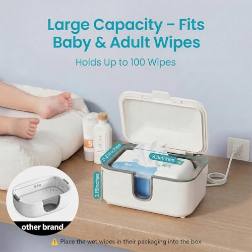 Wipe Warmer for Adult Size Wipes with UV Sanitizer, Baby Wipes Warmer, Large Capacity Wet Wipes Dispenser, 3 Temperature Settings, Night Light, Quiet Heating, Diaper Wipe Warmer, White