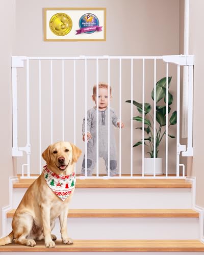 Cumbor 29.2–43" Baby Gate for Stairs, Hardware Mounted (Drill Required), Expandable No Bottom Bar Dog Gate, Auto Close Extra Wide Walk Thru, Pet & Toddler Proof Gate, Top & Bottom of Stairways (White)