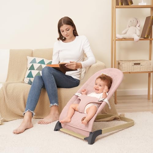 ANGELBLISS Baby Bouncer, Portable Bouncer Seat for Babies, Infants Bouncy Seat with Cotton Fabric, Natural Vibrations (Pink)