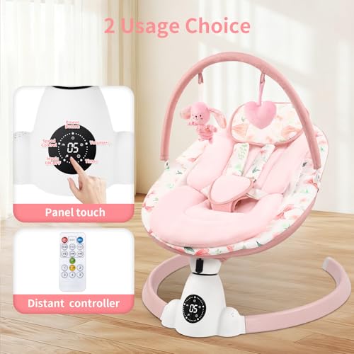 Baby Swing for Infants with 5 Swing Speeds, Portable Electric Baby Swing with Bluetooth, Touch Panel, 5-Point Harness, Indoor & Outdoor Use, Pink