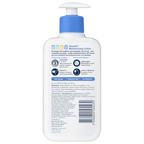 CeraVe Baby Lotion, Gentle Baby Skin Care with Ceramides, Niacinamide & Vitamin E, Fragrance, Paraben, Dye & Phthalates Free, Lightweight Moisturizer, 8 Ounce, Packaging May Vary