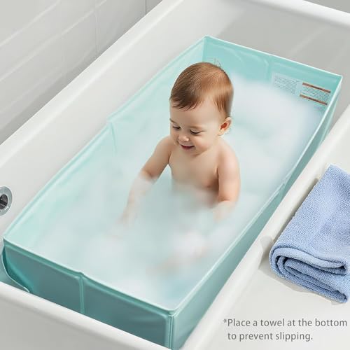 Baby Bathtub, Travel Bath Tub for 6M-3Y Toddler, Non-Slip Base, Bath Essentials for Boys Girls Toddler, Kids, Beach Vacation Travel Essential for Newborn, Registry Search, Green