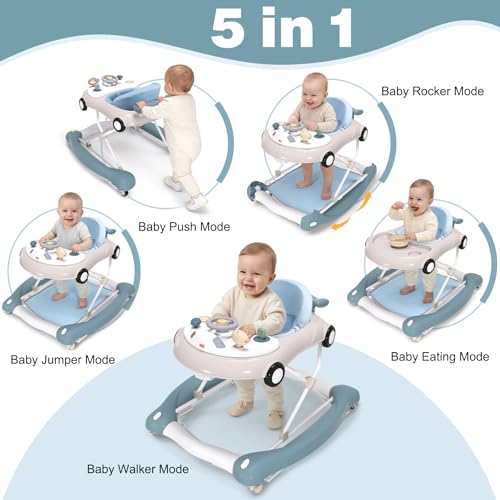 5-in-1 Convertible Baby Walker with Steering Wheel Music Activity Center – Infant Rocker, Jumper, Push Walker, Bouncer & Feeding Foldable Walker for Ages 6-18 Months Boys Girls (Haze Blue)