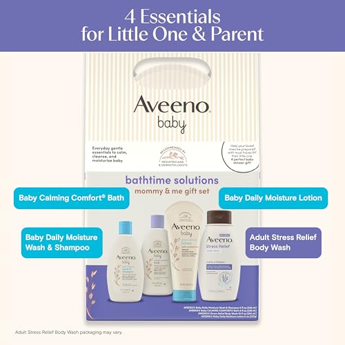 Aveeno Baby Bathtime Solutions Mommy & Me Gift Set, Baby Wash & Shampoo, Calming Bath, Daily Moisturizing Lotion and Stress Relief Body Wash for Mom, Colloidal Oat, Baby Bath Essentials, 4 items