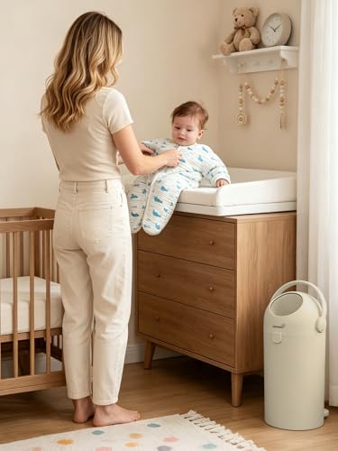 Grownsy Baby Diaper Pail, Odor-Locking Roll-Top Design, No Special Bag Required, One-Handed Use & Compact Design, Eco-Friendly Diaper Trash Can, Baby Stuff, Beige