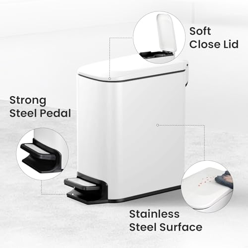 Cesun Small Bathroom Trash Can with Lid Soft Close, Step Pedal, 6 Liter / 1.6 Gallon Stainless Steel Slim Garbage Can for Bedroom, Diaper Waste Basket with Removable Inner Bucket (White)
