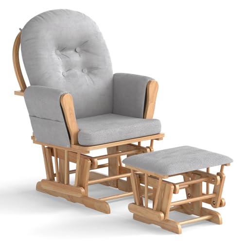 Costzon Nursery Glider with Ottoman, Upholstered Comfort Glider Rocker with Padded Cushion, Storage Pocket, Solid Wood Base, Rocking Chair Nursery for Breastfeeding, Napping (Natural)