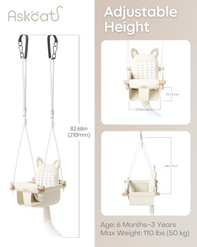 Wooden Hanging Baby Swing with Soft Safety Belt, Cozy Infant Swing Seat for Indoor & Outdoor Use, Adjustable Height, Includes Mounting Hardware – Suitable for Babies & Toddlers(Fox-Themed in Beige)