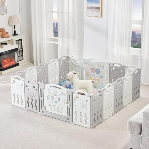 Albott Baby Fence Kid Playpen 18 Panel Albott Play Yard - Foldable Kids Safety Activity Center Playard Safety Lock Gate,Adjustable Shape, Portable Design for Indoor and Outdoor (18 Panel, Grey+White)