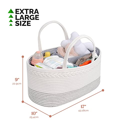 luxury little Diaper Caddy Organizer, Large Cotton Rope Nursery Baby Basket, Changing Table Organizer for Baby Diaper Storage, Portable Car Organizer Removable Divider (Off White, Extra Large)