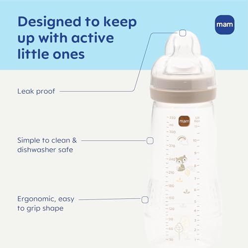 MAM Easy Active Natural Flow Anti-Colic Baby Bottle, 4+ Months, 4 Pack, 11oz, BPA Free, Fast Flow Skin Soft Silicone Anti-Colic Nipple, Anti-Slip Grip, Leak-Proof, 4+ Months, Made in Europe, Grey