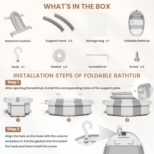 Collapsible Baby Bathtub with Soft Cushion and Thermometer, Newborn to Toddler Tub 0-36 Months with Toy Storage Mesh Bag, Portable Travel Bath for Infants (Grey)