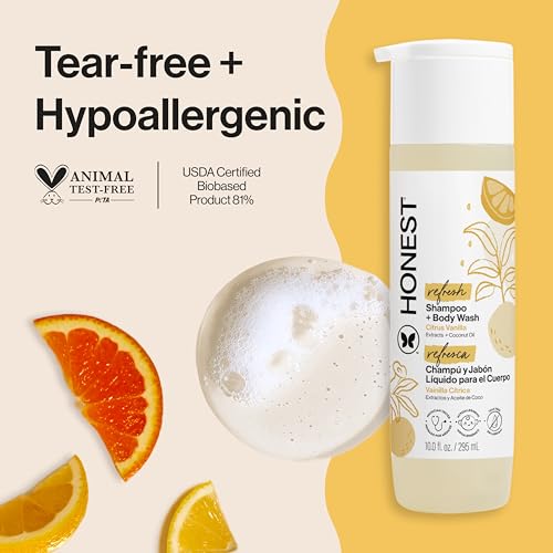 The Honest Company 2-in-1 Cleansing Shampoo + Body Wash | Gentle for Baby | Naturally Derived, Tear-free, Hypoallergenic | Citrus Vanilla Refresh, 10 fl oz