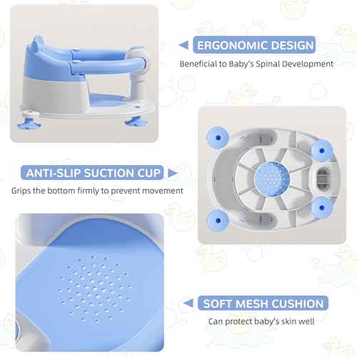 Baby Bath Seat for Babies 5-10 Months, Non-Slip Toddler Bath Seats for Babies Sitting Up, Safe Infant & Newborn Bathtub Chair with 4 Suction Cups & Soft Cushion for Shower,Blue