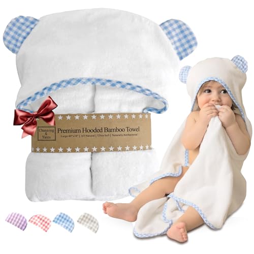 Channing & Yates Premium Organic Hooded Baby Towel and Washcloth Set - Softest Towel with Hood for Newborn - Boy Gift for Baby Shower (Blue)