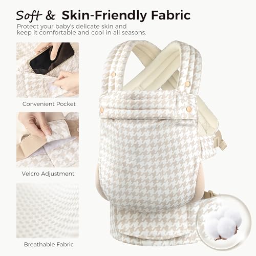 Baby Carrier Newborn to Toddler- 100% Pure Cotton Double-Side Skin-Friendly Baby Carrier,3 Carry Positions Newborn Carrier, Ergonomic,Cozy and Lightweight Infant Carrier for 7-40lbs,White Houndstooth