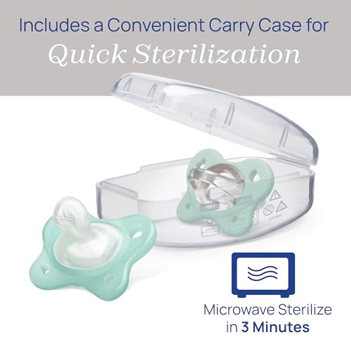 Chicco PhysioForma Dual Soft Orthodontic Pacifier for Babies 0-2 Months, 100% Soft Silicone, Supports Breathing, One-Piece Design, Included Sterilizing Case, BPA Free, 2-Pack, Seafoam