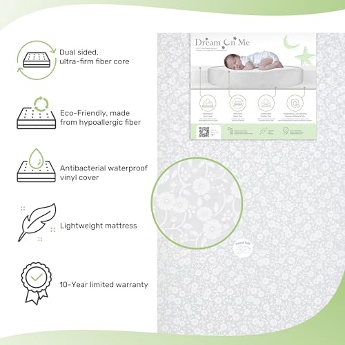 Dream On Me Dreamland Orthopedic Firm Fiber Crib and Toddler Bed Mattress, Greenguard Gold and JPMA Certified, Waterproof Vinyl Cover, Dual-Sided Mattress, Grey, Made In The U.S.A