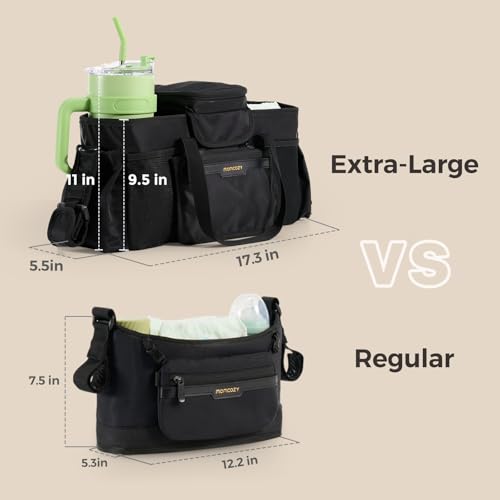 Momcozy Extra Large Stroller Organizer Max | with Food Grade Pacifier Teether Bag | 2 Insulated Cup Holder | Silicone Anti-Slip Straps | 3-Way Usage | Detachable Small Pouch | for UPPAbaby/Doona