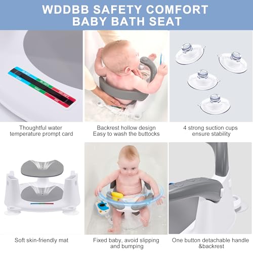 Wddbb Baby Bath seat for Babies 6 Months & up, 360° Stable Toddler Bath Chair with one-Touch Button, Back Hollow Design, Water Temperature Card & 4 Suction Cups for Safety (Dark Gray)