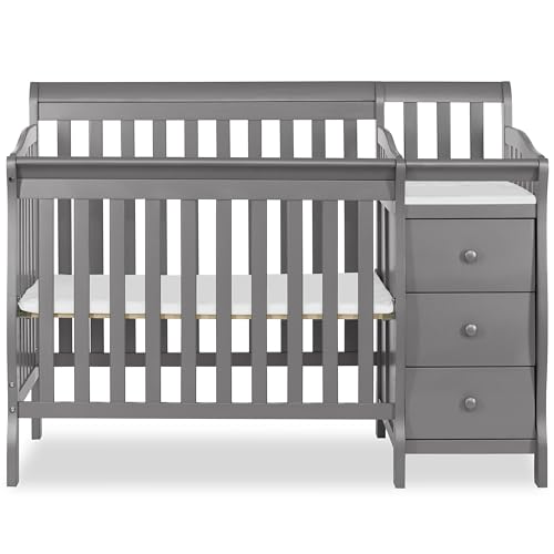 Dream On Me Jayden 4‑in‑1 Mini Convertible Baby Crib & Changer with Storage, Steel Grey, Pinewood, GreenGuard Gold & JPMA, 1” Mattress Pad, 3 Mattress Heights, Converts to Mini Day & Twin-Size Bed