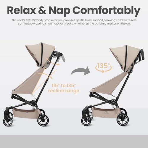 QPlay Travel Stroller for Baby & Toddlers Ages 6 Months to 4 Year Old – 9.48lbs Lightweight & Ultra-Compact Umbrella Stroller with One-Hand Fold, Airplane Carry-on Size, Reclining Seat (Beige)