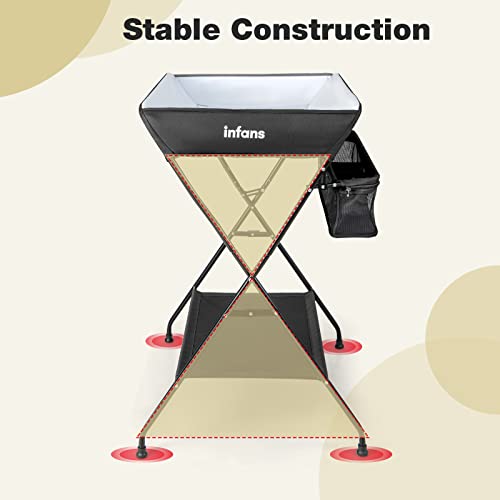 INFANS Baby Changing Table, Folding Diaper Station Portable Nursery Organizer with Safety Belt and Large Storage Racks for Newborn Baby and Infant (Black)