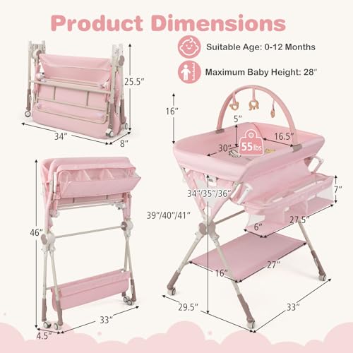BABY JOY Portable Baby Changing Table, Foldable Diaper Changing Station with Wheels, Adjustable Height, Large Storage Rack, Removable Activity Arch, Mobile Nursery Organizer for Newborn Infant (Pink)