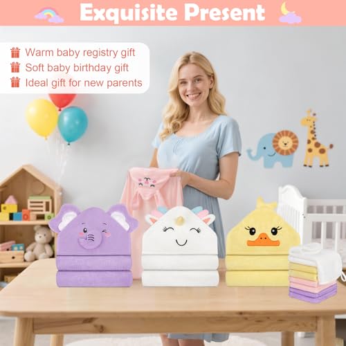 CandyHome 12 PCS Baby Bath Towels for Infants Toddlers, 4 PCS Animal Hooded Baby Towels & 8 PCS Washcloths Set, Ultra Absorbent Soft Cute Newborn Bath Essentials Gifts for Boys & Girls