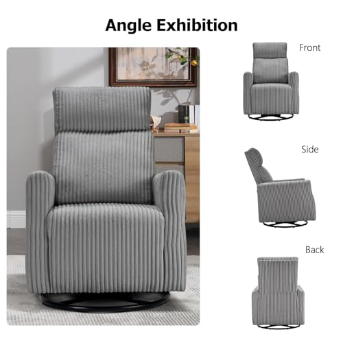 CANMOV Swivel Rocker Chair for Nursery, Swivel Accent Chair with High Back and Arms, Corduroy Glider Chair for Living Room Bedroom Nursery, Grey