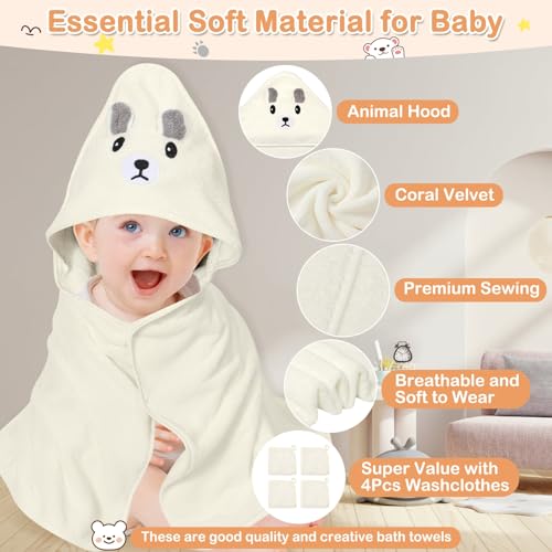 Sublaga 4 Pcs Baby Towels Set, 32x32 in Hooded Bath Towel and 3 Pcs Baby Washcloths for Newborns, Toddlers, and Kids, Soft Baby Towels and Washcloths Set for Boys and Girls (White Bear)