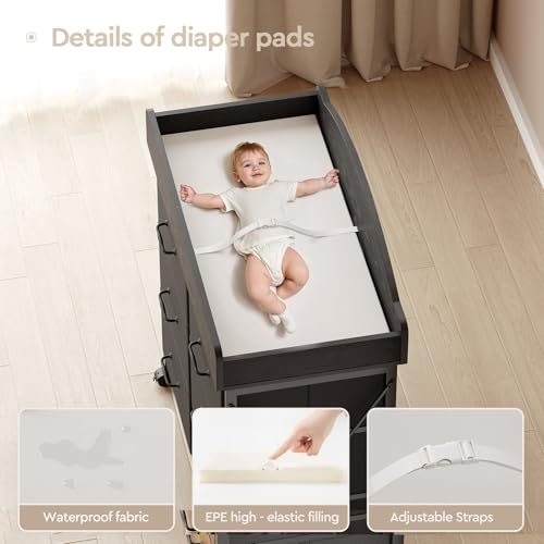 Yetom Baby Changing Table Dresser with Wheels, 6-Fabric Drawer Baby Dresser with Changing Table Top, Waterproof Diaper Changing Station & Pad, Mobile Storage Unit, Compact Baby Furniture, Black